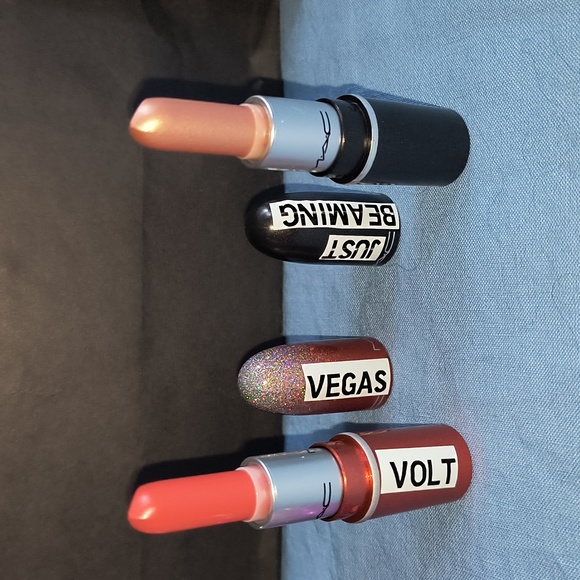 MAC New Mini Lipsticks Set of 3 for $30 NWT -  Rebel - Vegas Volt & Just Beaming - Picture 2 of 9